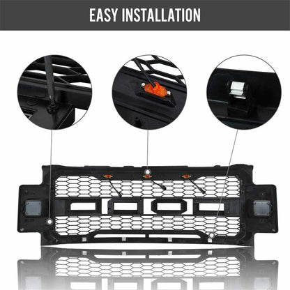 Raptor Style Front Bumper Grille For 2017-2019 Ford F250 F350 Super Duty w/3 Amber LED