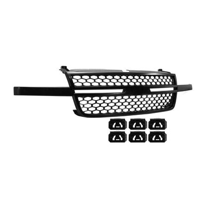 Front Upper Bumper Hood Grille for 2003-2006 Silverado 1500 2500 HD Textured Black Shell and Insert