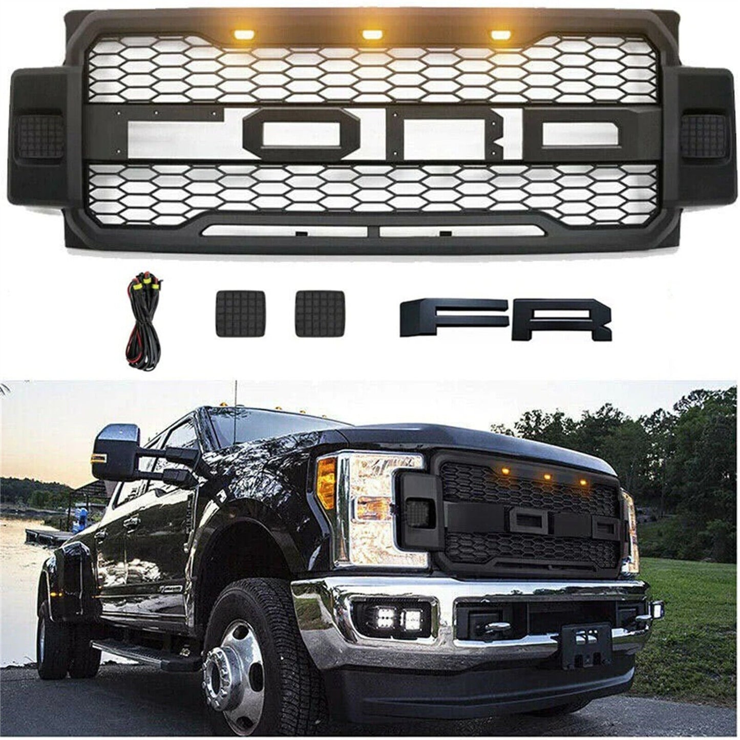 Raptor Style Front Bumper Grille For 2017-2019 Ford F250 F350 Super Duty w/3 Amber LED