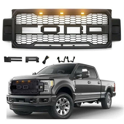 Raptor Style Front Bumper Grille For 2017-2019 Ford F250 F350 Super Duty w/3 Amber LED