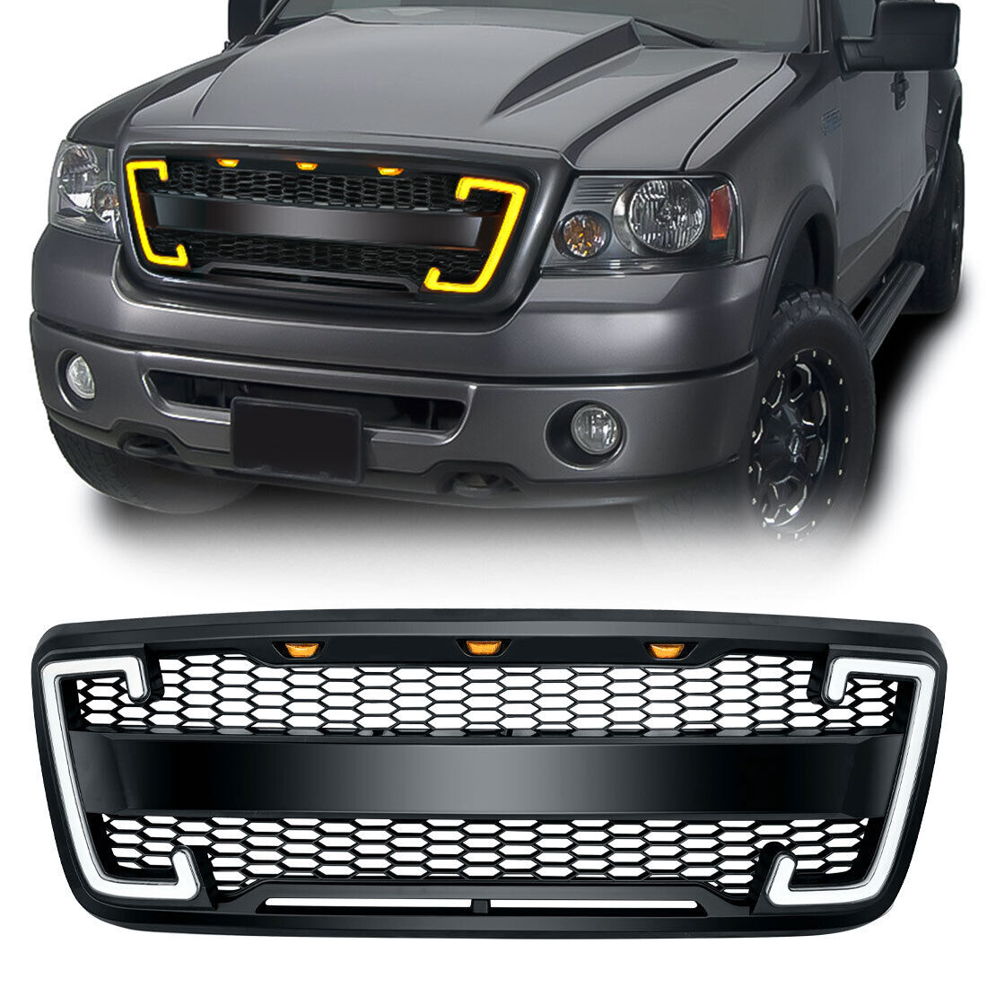 Front Bumper Grille Raptor Style W/DRL&Turn Signal Lights for 2004-2014 Ford F150