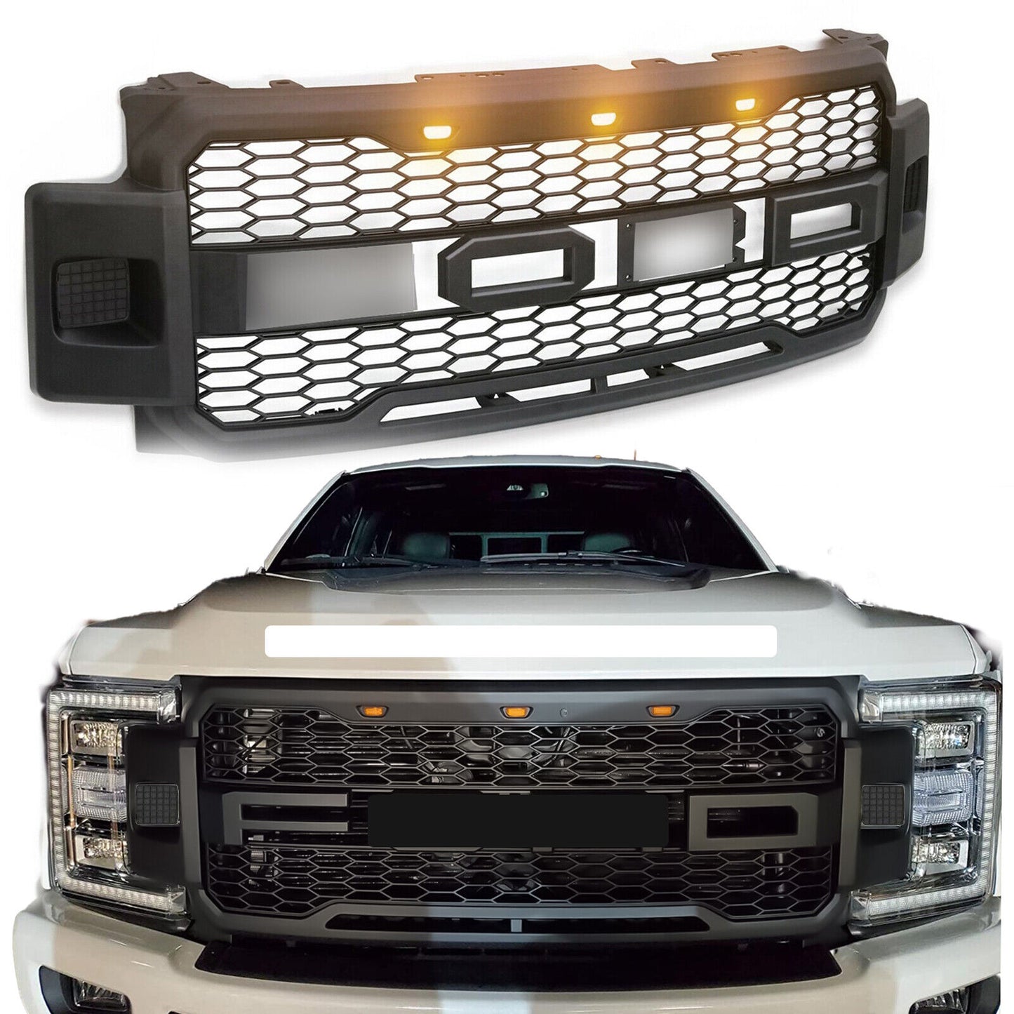 Raptor Style Front Bumper Grille For 2017-2019 Ford F250 F350 Super Duty w/3 Amber LED