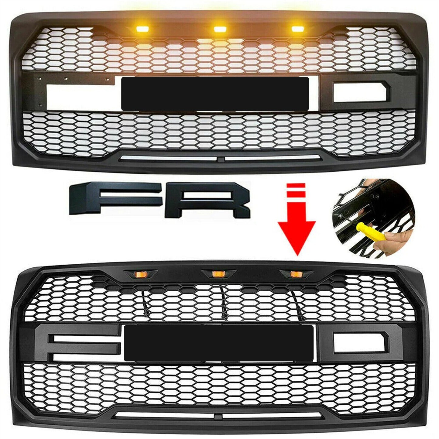 Raptor Style Front Bumper Grille For 2017-2019 Ford F250 F350 Super Duty w/3 Amber LED