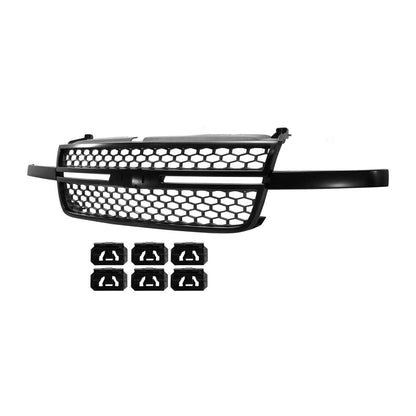 Front Upper Bumper Hood Grille for 2003-2006 Silverado 1500 2500 HD Textured Black Shell and Insert